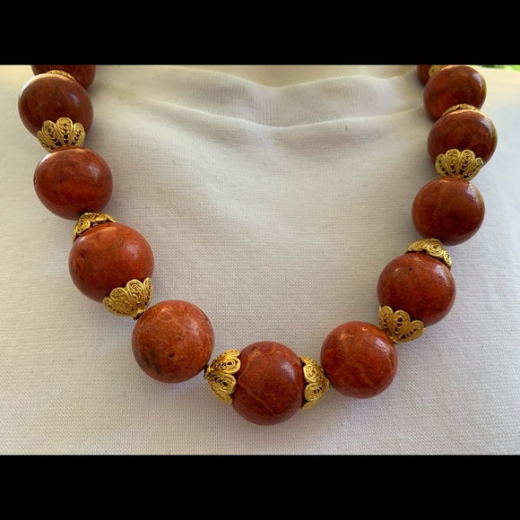 Large size red real Coral balls Necklace & Gold tone real silver Earrings 3 Pc - Picture 15 of 16